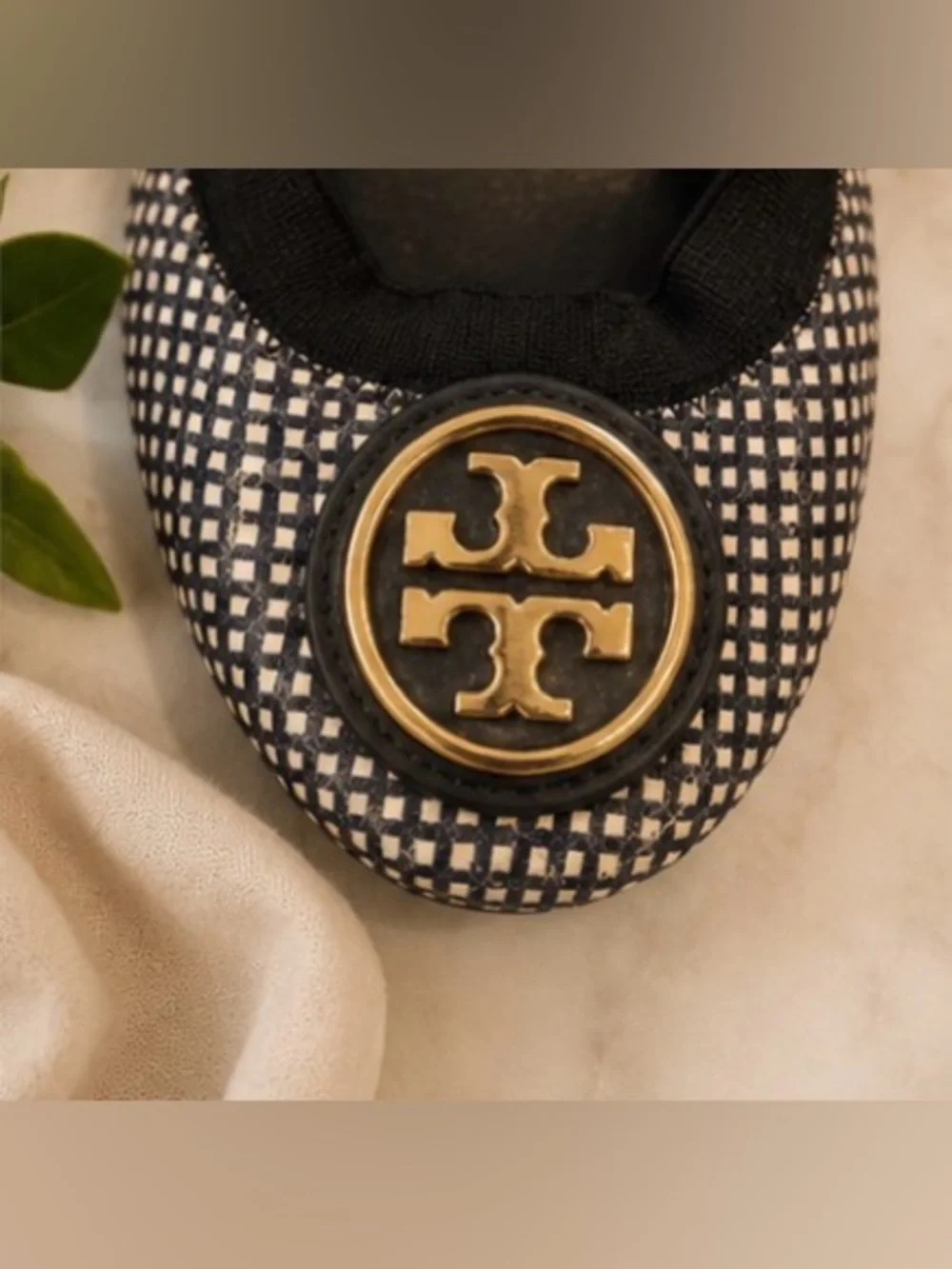 Tory Burch Reva Ballet Flats – Black/Ivory Geometric Print 6.5M